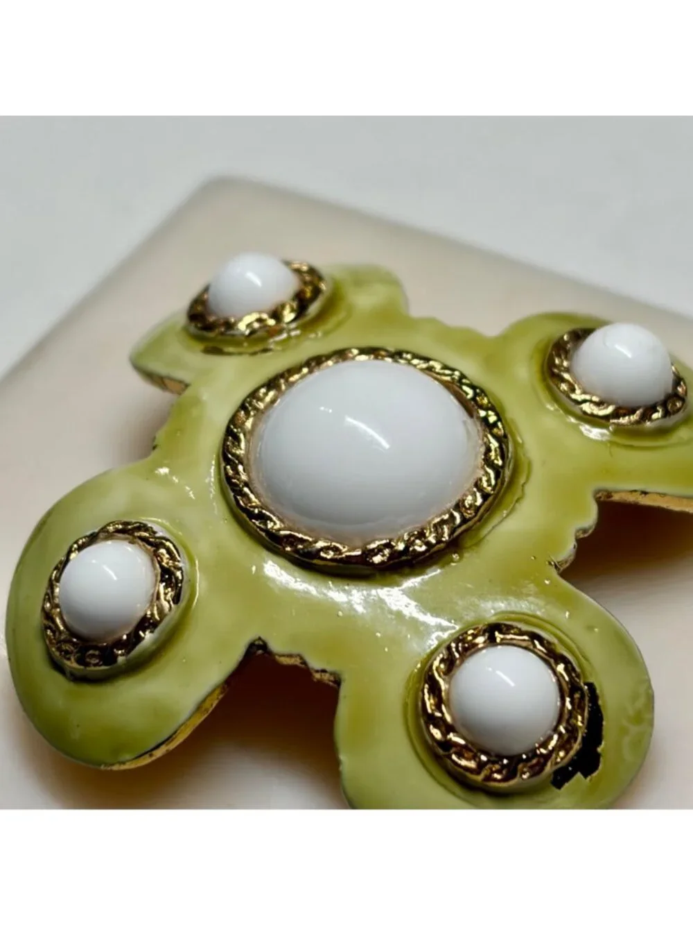 Hobe Gold-Plated Green Enamel Brooch With White Cabochons 2
